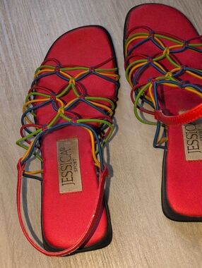 Jessica Red Sandals with Multicolor Braided Straps